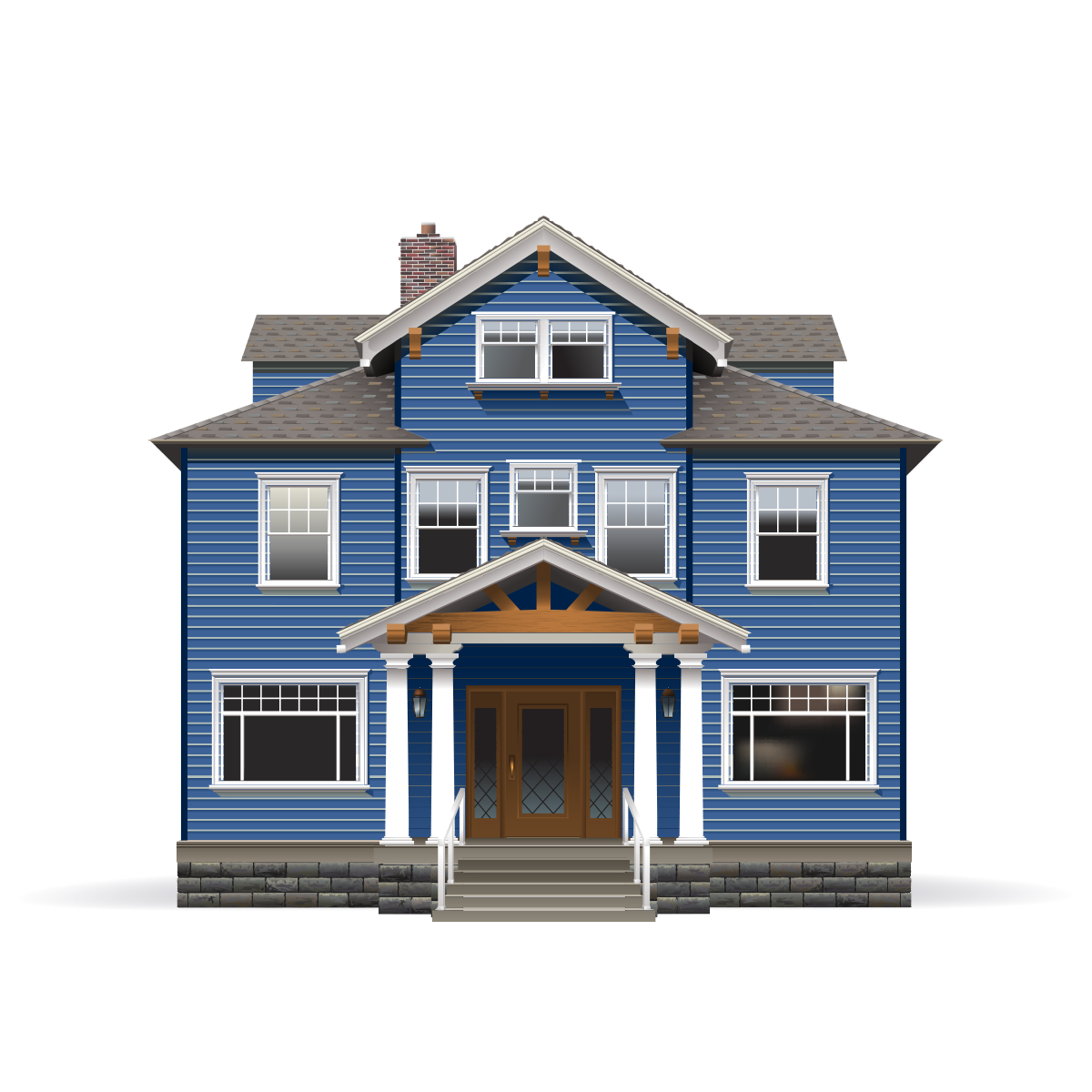 Dark blue bungalow house with grey roof and white trim