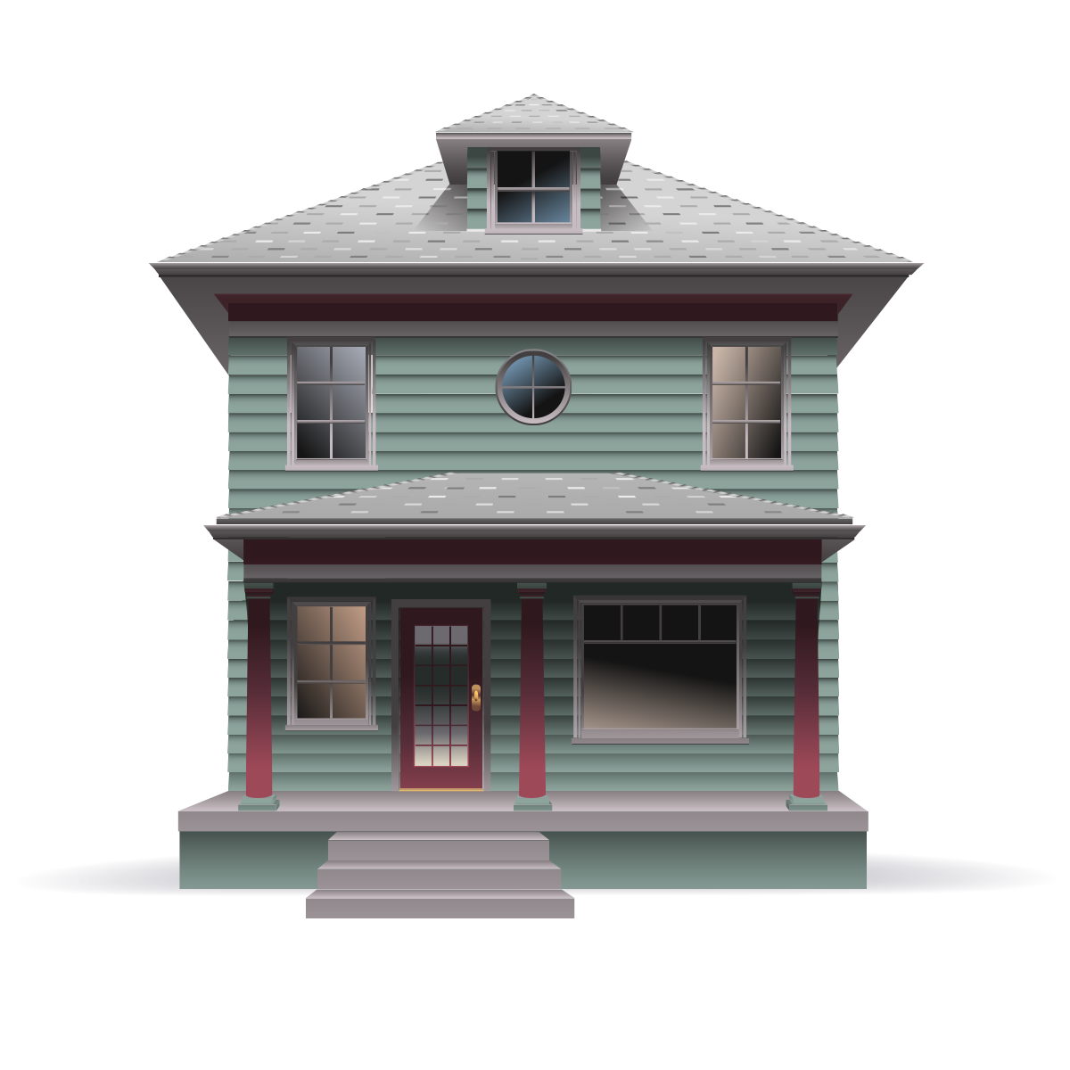 Green two story house with grey shingles and red beams illustration