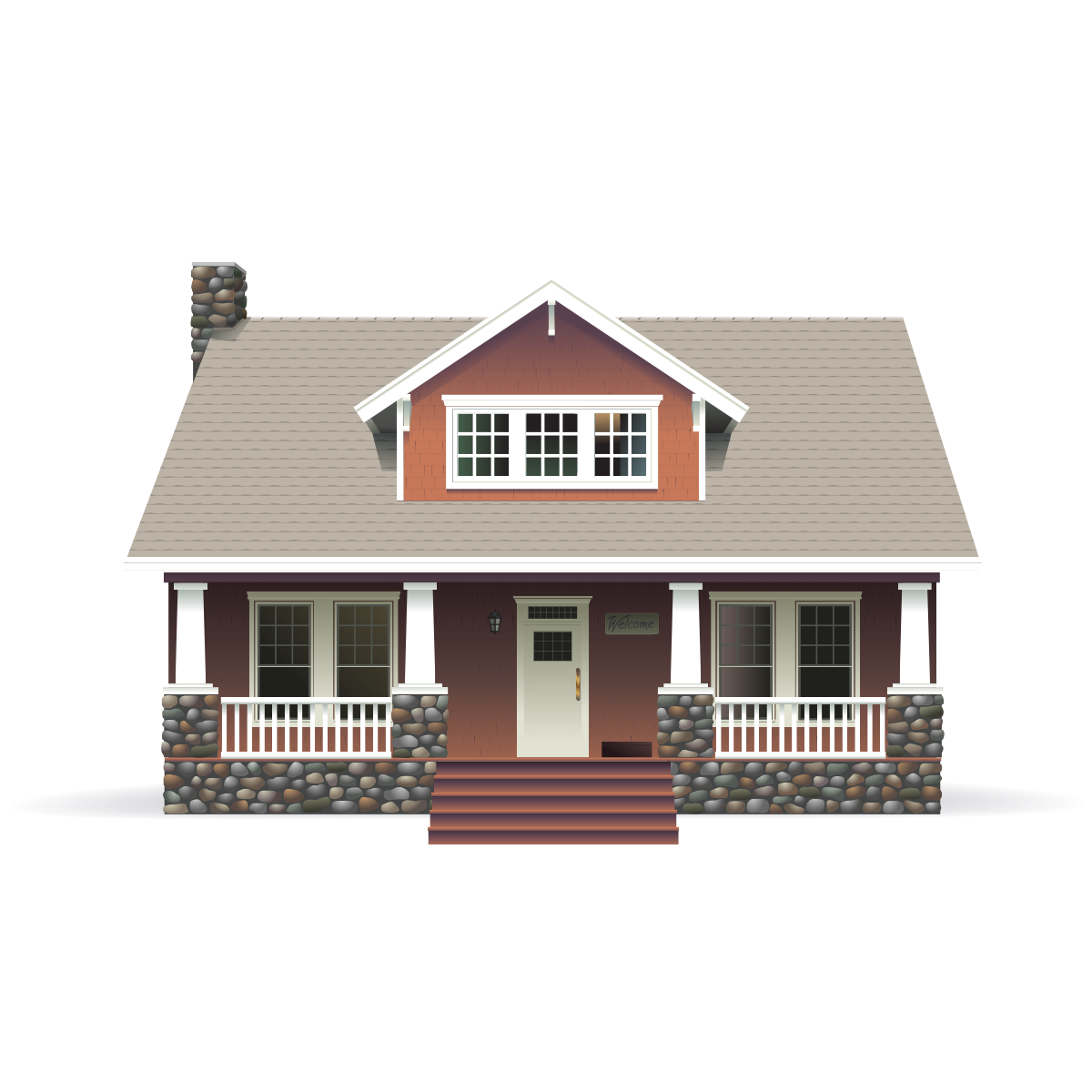 Brown bungalow house with beige roof and stone porch illustration