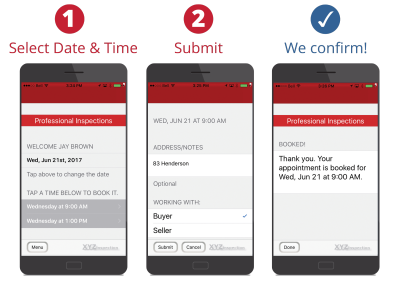 AgentBook App has 3 easy steps, shown in an Android device. 1. Select date & time, 2. Submit, 3. Confirmation
