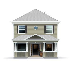 Beige two story house with grey roof and white trim illustration