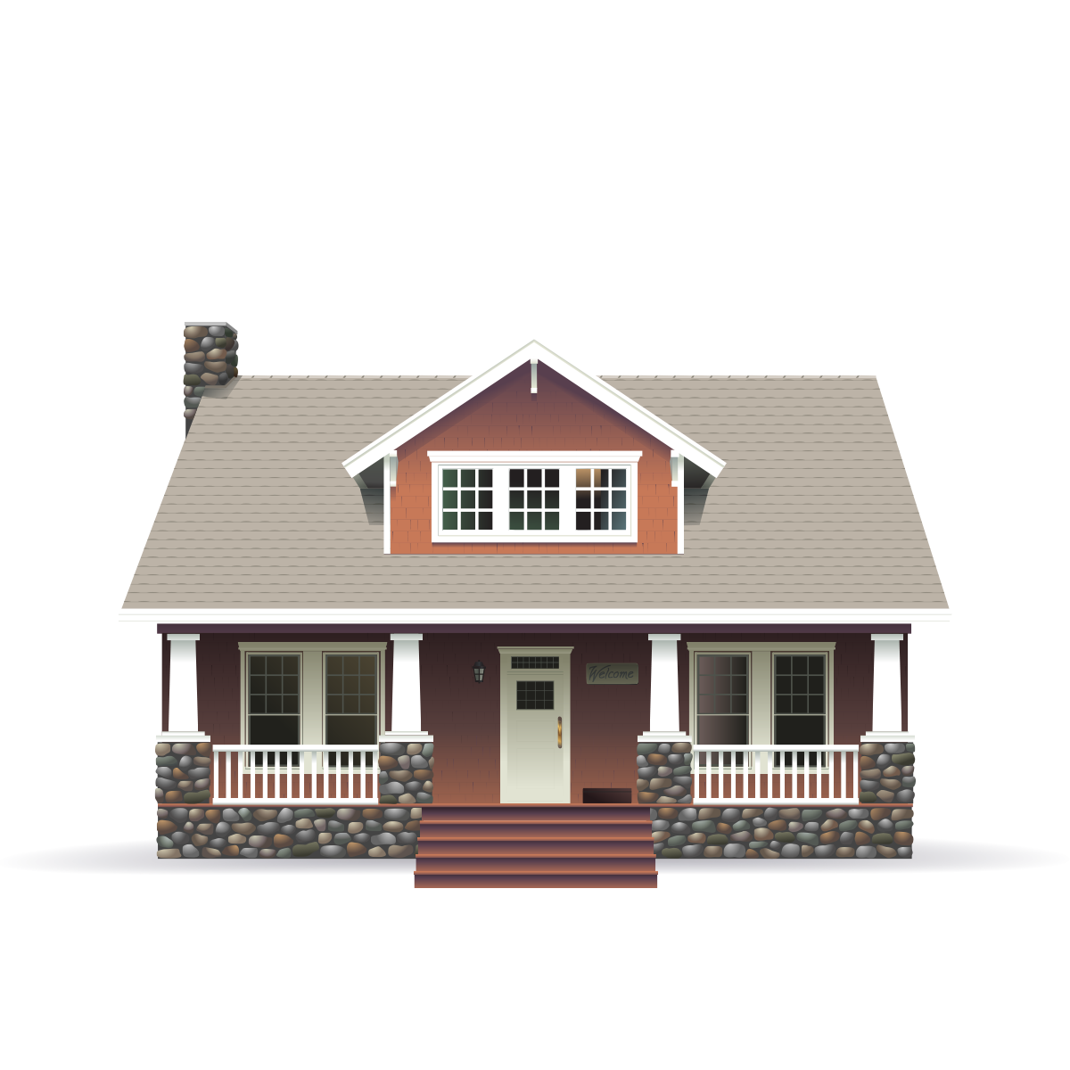 Brown bungalow house with beige roof and stone porch illustration