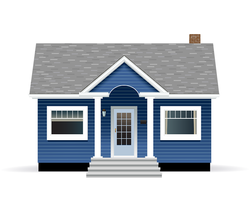 Dark blue bungalow house with grey roof and white trim illustration