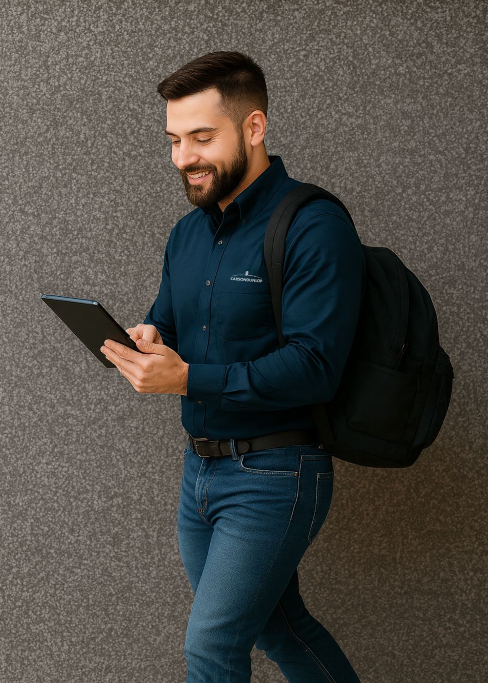 Inspector and homeowners sitting down and reviewing inspection results on tablet